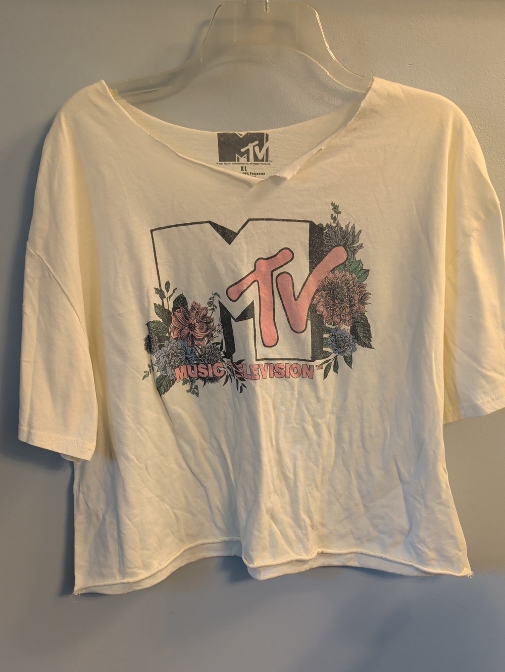 MTV Cream Short-Sleeve Cropped Tee with Pink & Green Floral Logo